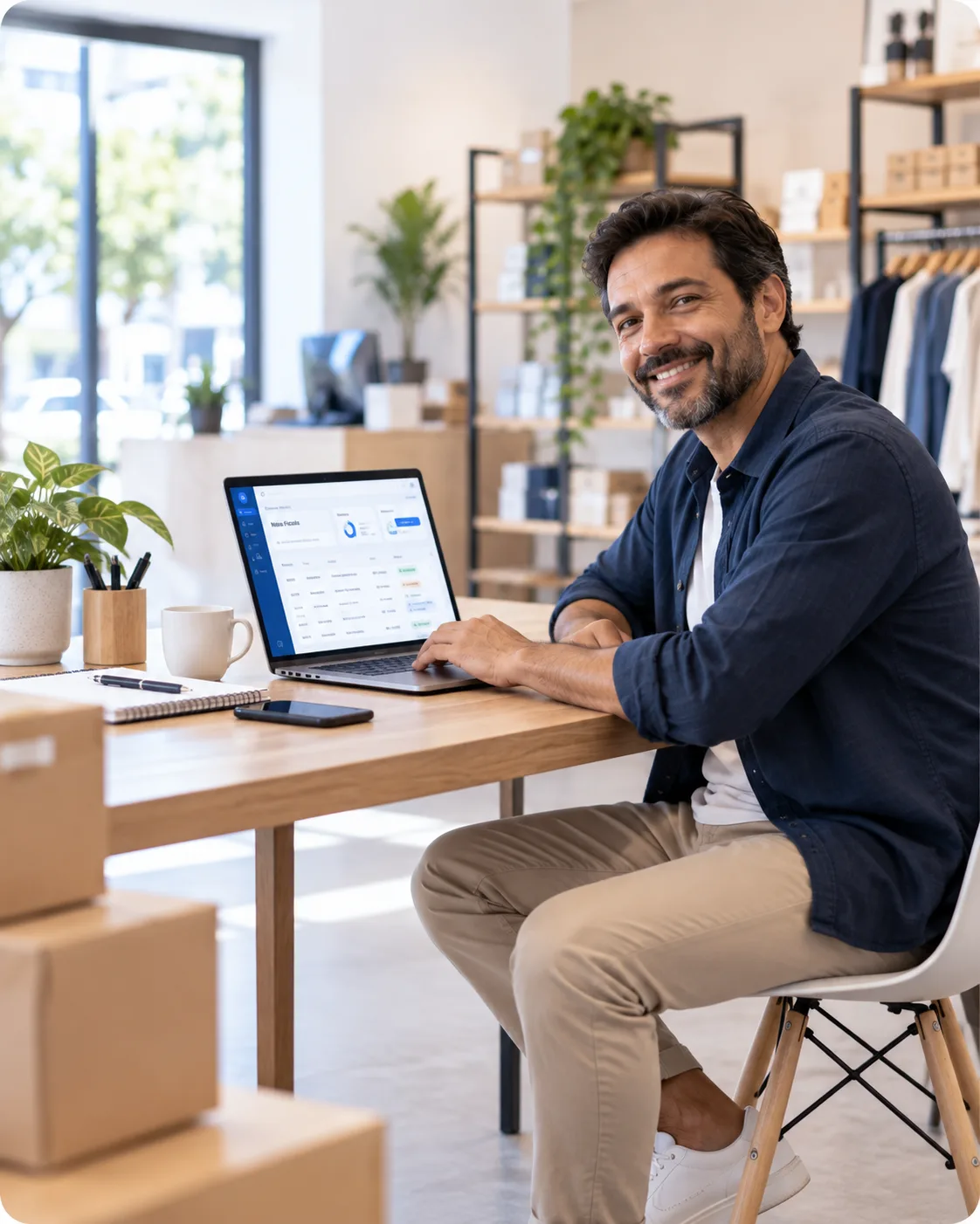 Empresário de comércio utilizando sistema online de emissão fiscal